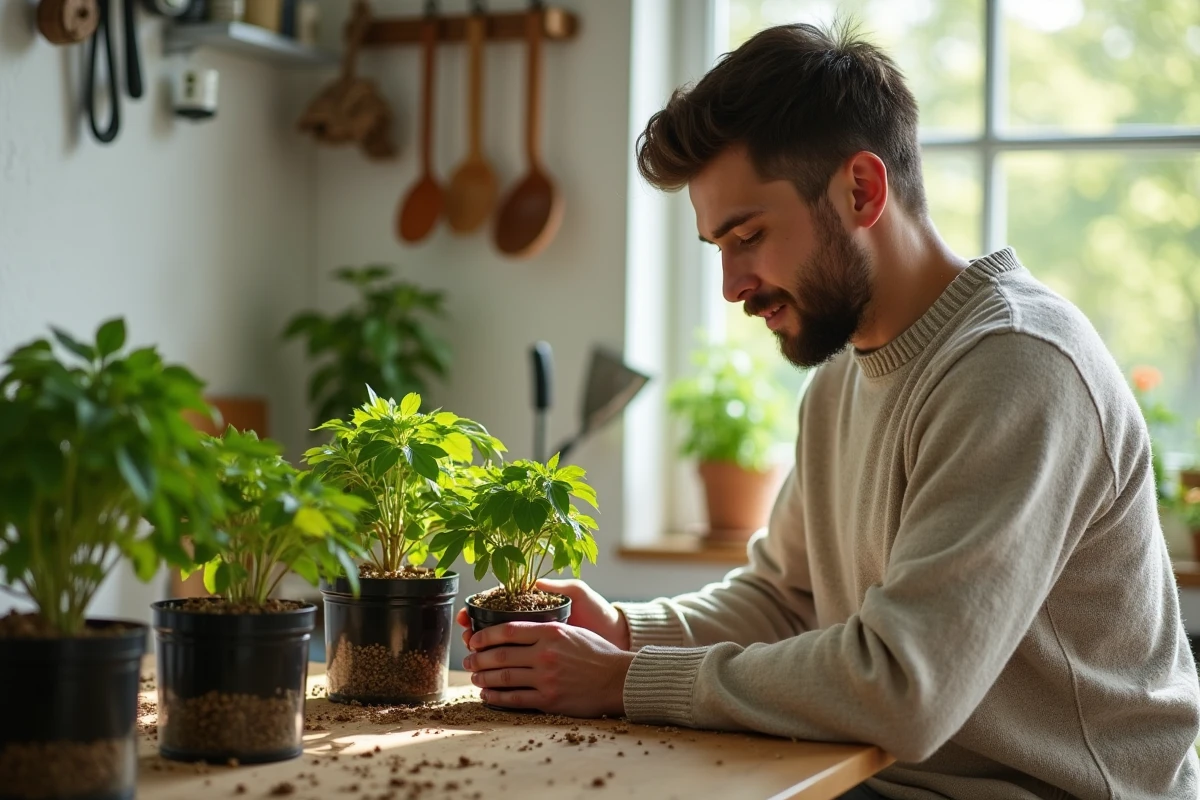 Jeune homme vérifiant des lilas enracinés en intérieur