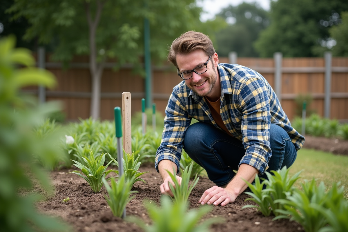 Jeune homme en jardinage avec étiquettes de plantes
