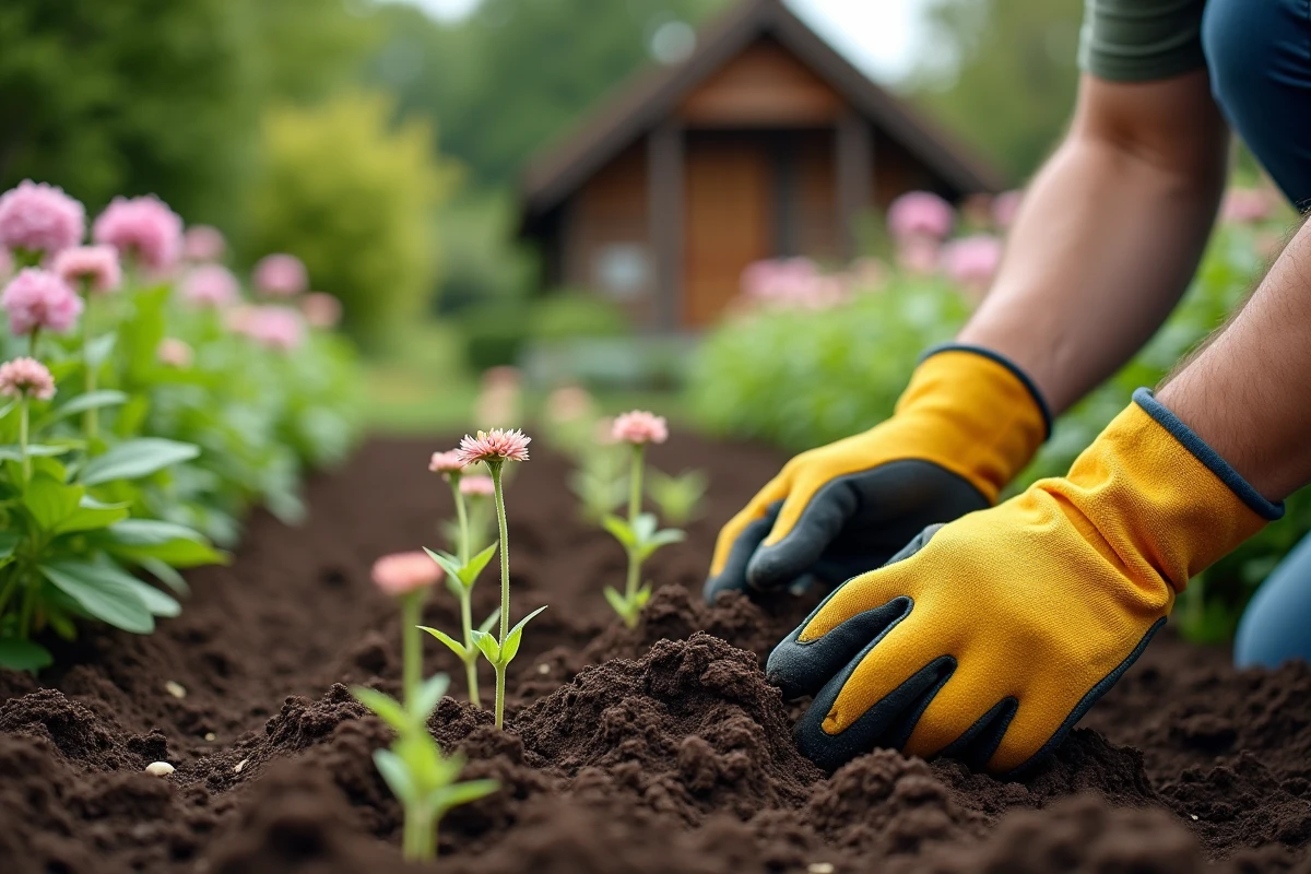 Jeune homme plantant des jeunes pousses dans le sol du jardin