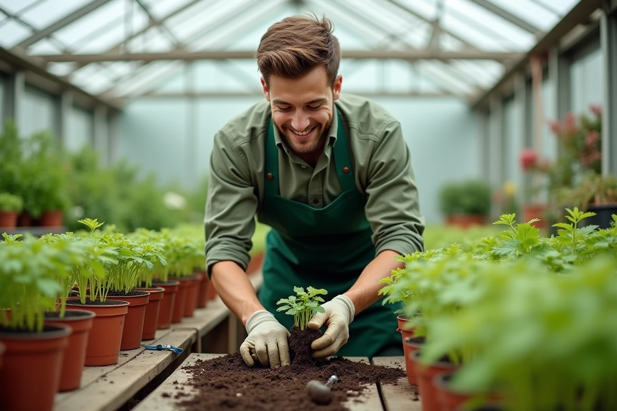 Jeune homme plantant des boutures dans une serre lumineuse