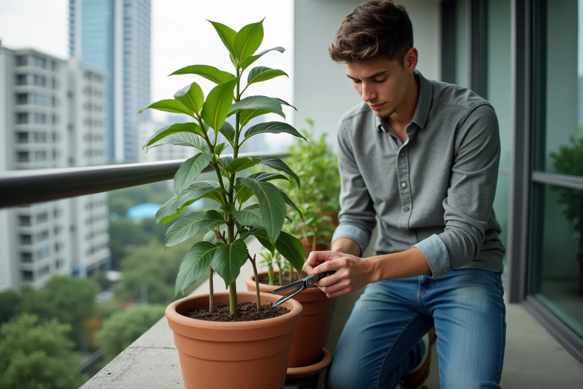 Jeune homme soignant un jasmin en pot sur un balcon urbain