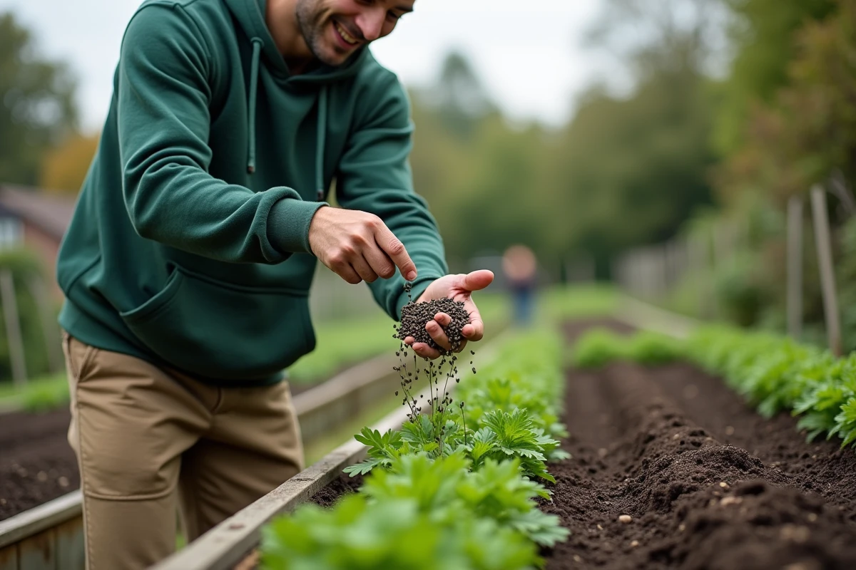 Jeune homme en hoodie plantant du persil dans son potager