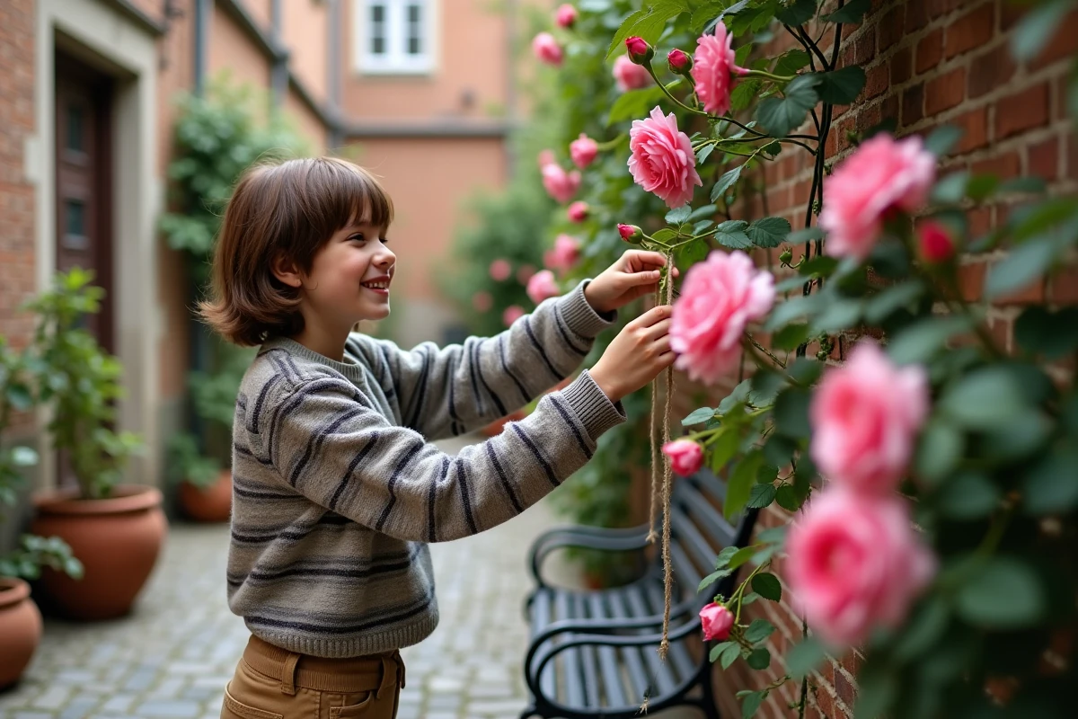 Adolescent attachant des rosiers contre un mur en briques