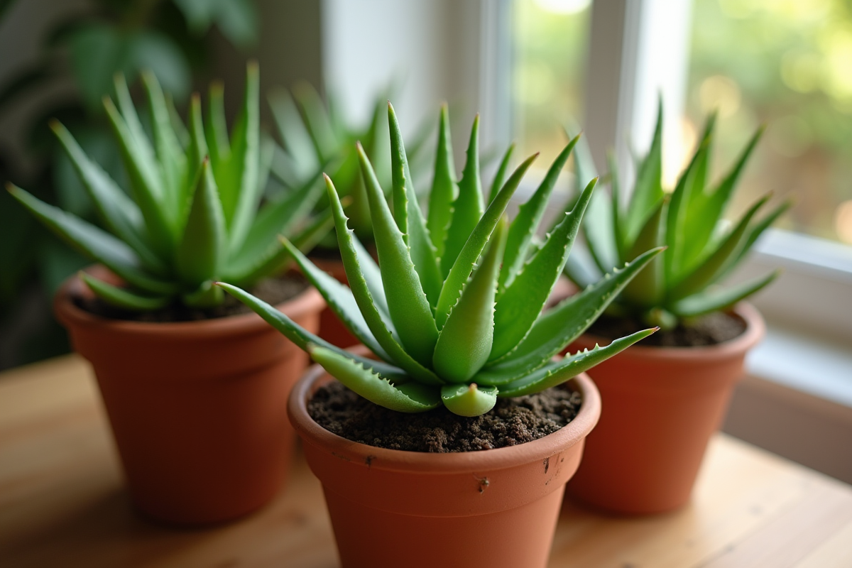 Plusieurs jeunes aloe vera en pots sur une table en bois