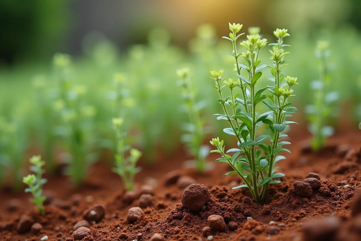 Jeunes plants de thym dans la terre rouge et humide