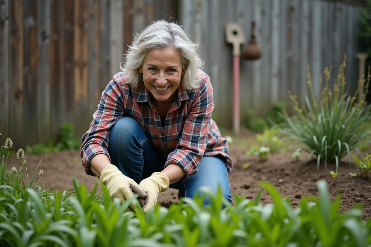 Femme en jeans et chemise à carreaux arrosant prêle des champs