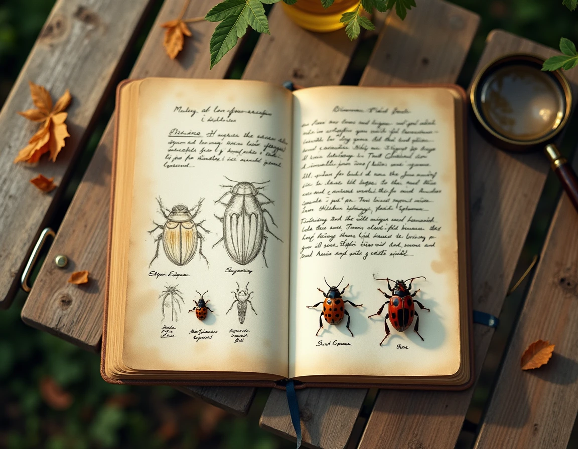 Journal naturaliste ouvert sur une table en bois avec illustrations et spécimens de coccinelles européenne et asiatique comparés