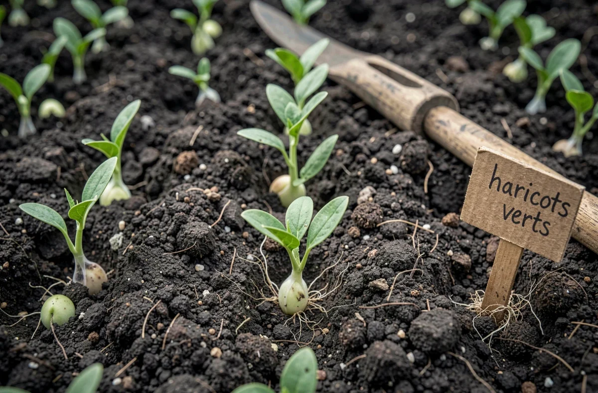 Levée de semis de haricots verts en rangs dans la terre du potager