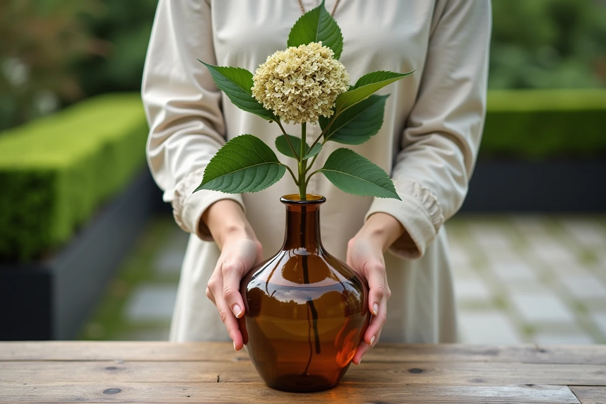 Mains de femme plaçant une tige d'hortensia dans un vase en verre ambré sur une table en bois dans un jardin avec feuillage vert flou en arrière-plan