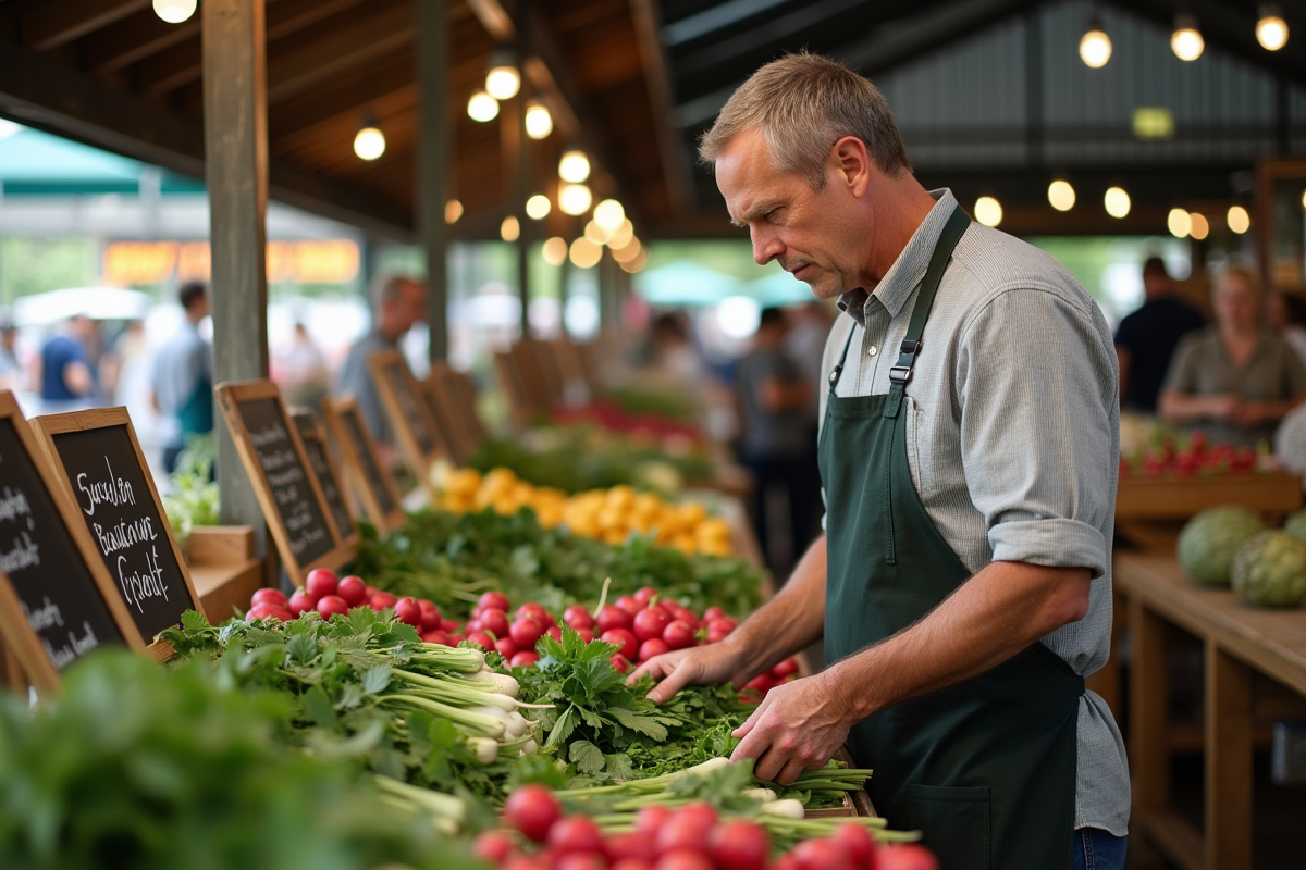 Marchand sélectionnant des légumes frais au marché urbain animé