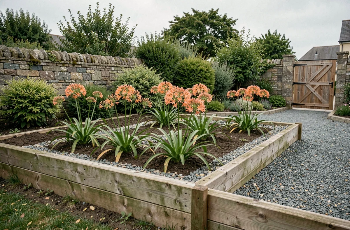 Jardin résidentiel avec agapanthes oranges plantées en massif surélevé sur sol argileux