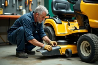 Mécanicien inspectant le câble d'enclenchement de lame d'un tracteur tondeuse dans un garage
