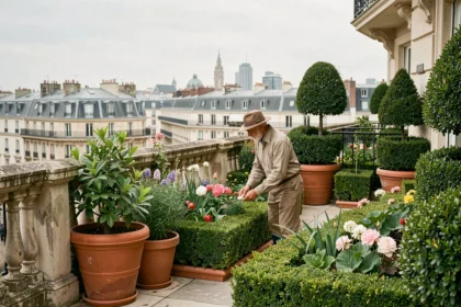 Vue panoramique d'un jardin parisien sur terrasse avec topiaires et architecture haussmannienne en arrière-plan