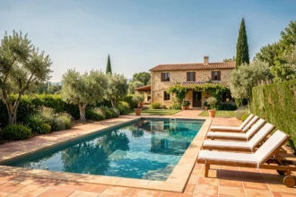 Piscine résidentielle luxueuse en Nouvelle-Aquitaine entourée de végétation méditerranéenne et d'une maison en pierre typique