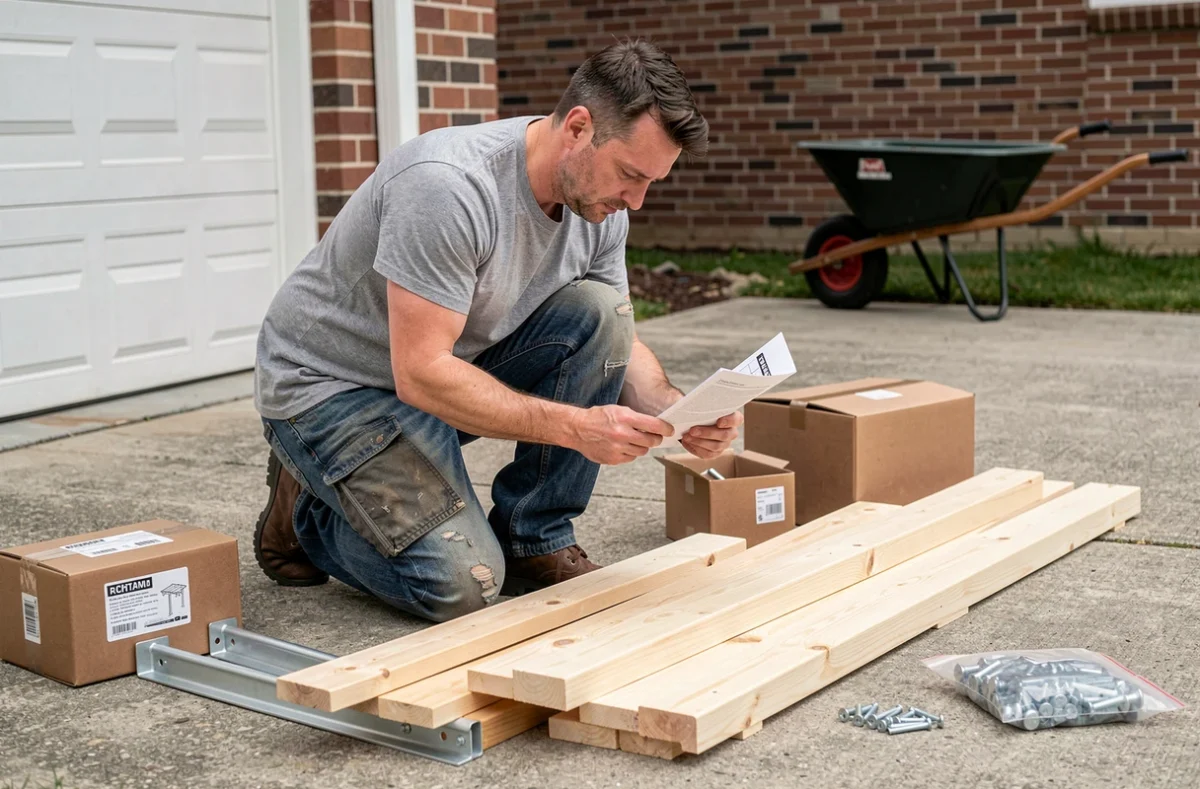 Homme assemblant une pergola 5x4 en lisant la notice de montage avec les pièces étalées au sol
