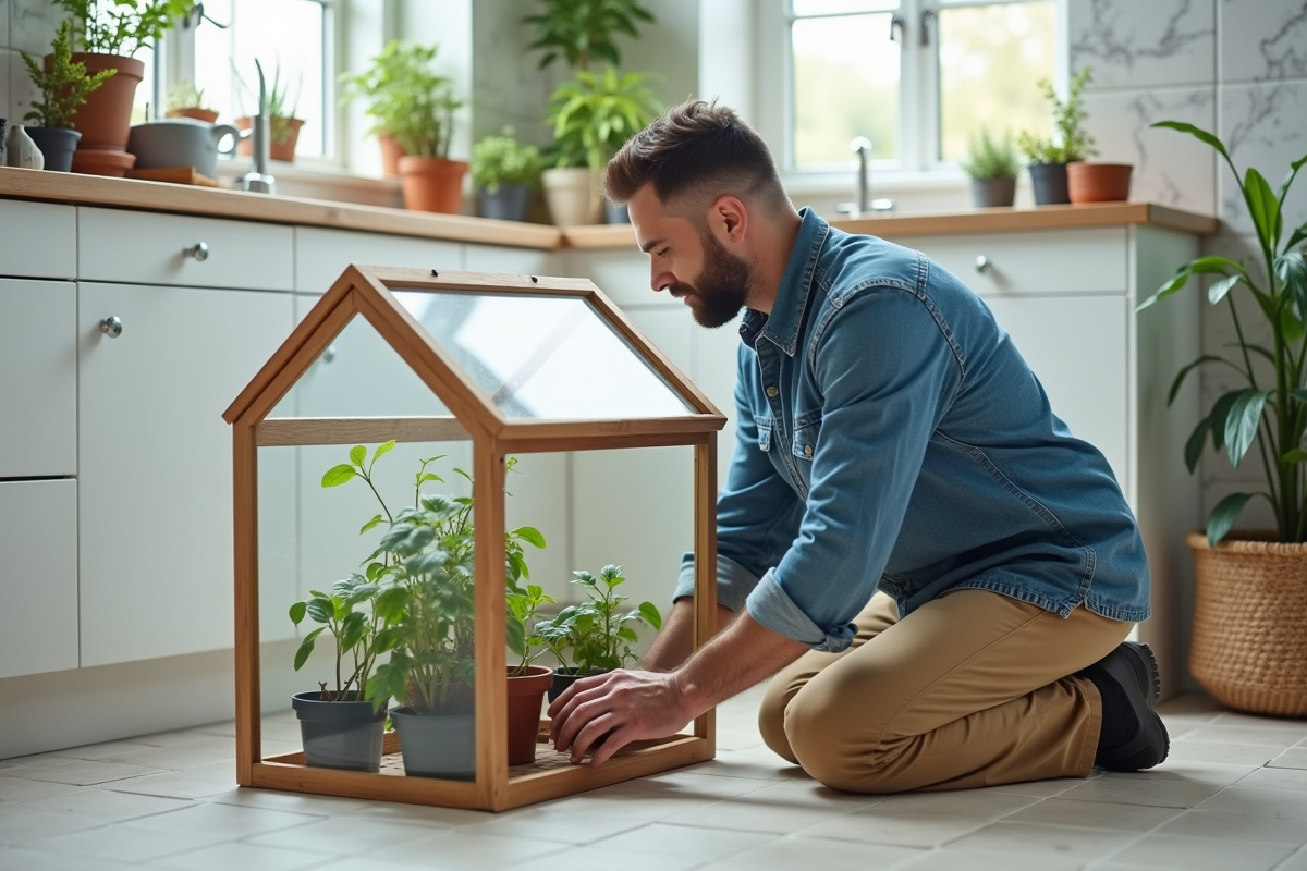 Homme installant une petite serre dans la cuisine à la maison