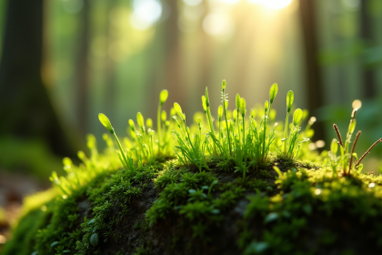 Mousse verte brillante sur pierre en forêt ensoleillée