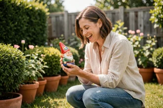 Femme tenant un nain de jardin aux couleurs Google dans un jardin verdoyant, expression amusée et curieuse