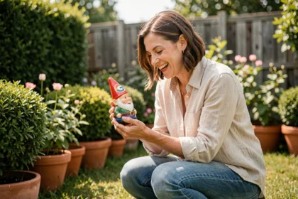 Femme tenant un nain de jardin aux couleurs Google dans un jardin verdoyant, expression amusée et curieuse