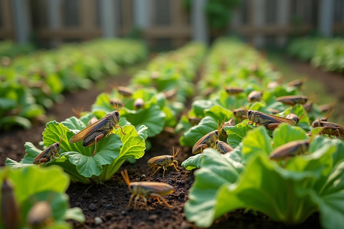 Nuée de criquets envahissant un potager de légumes verts, représentation des ravages d'une invasion de criquets sur les cultures maraîchères