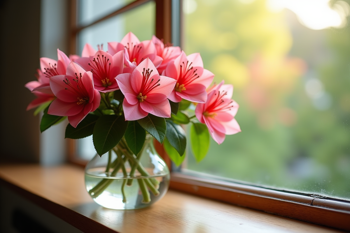 Oleander frais dans un vase d eau sur une fenêtre en bois