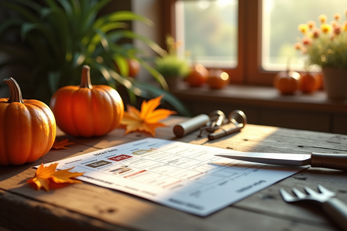 Paquets de graines outils de jardin et calendrier automne