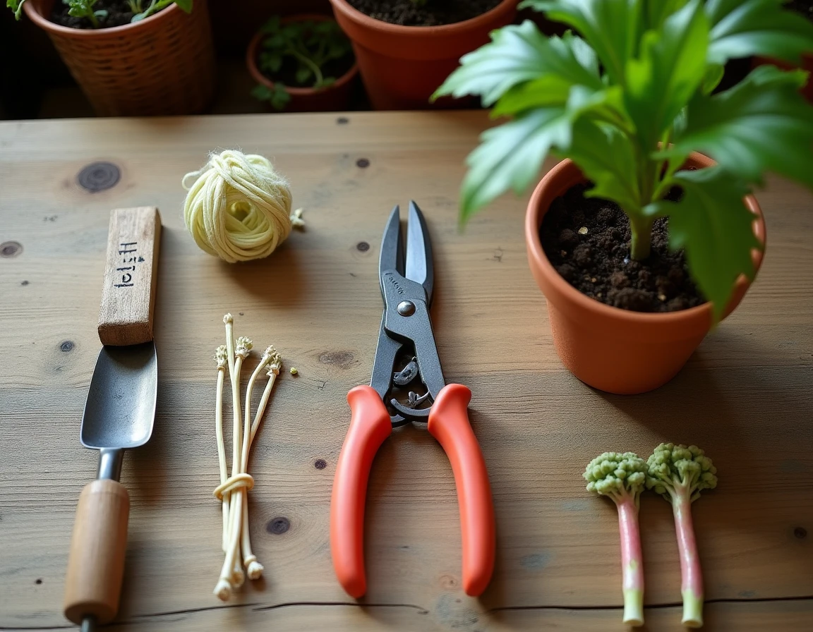 Vue à plat des outils et matériaux pour la taille de formation d'un arbre à crevette posés sur un établi de jardinage en bois