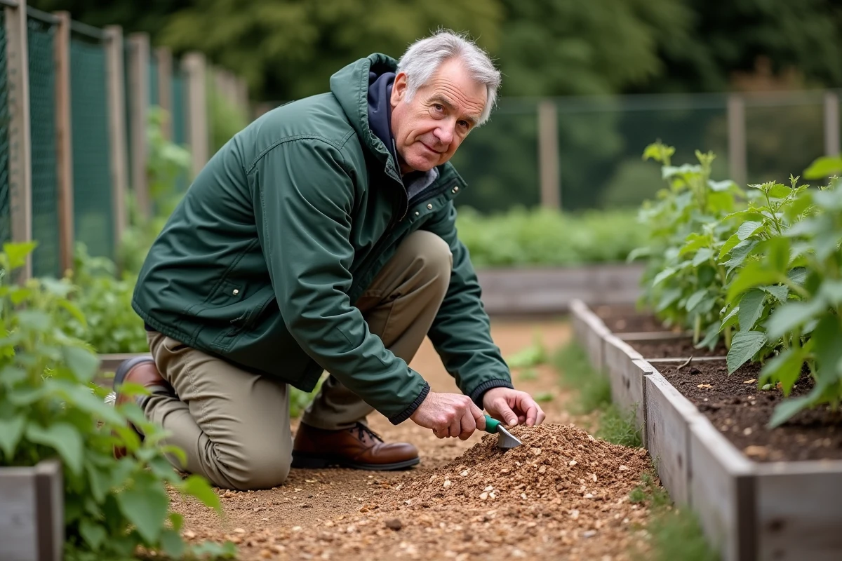 Homme qui paille ses légumes avec des copeaux de bois dans un jardin potager communautaire, méthode naturelle pour supprimer les mauvaises herbes sans débroussaillant chimique