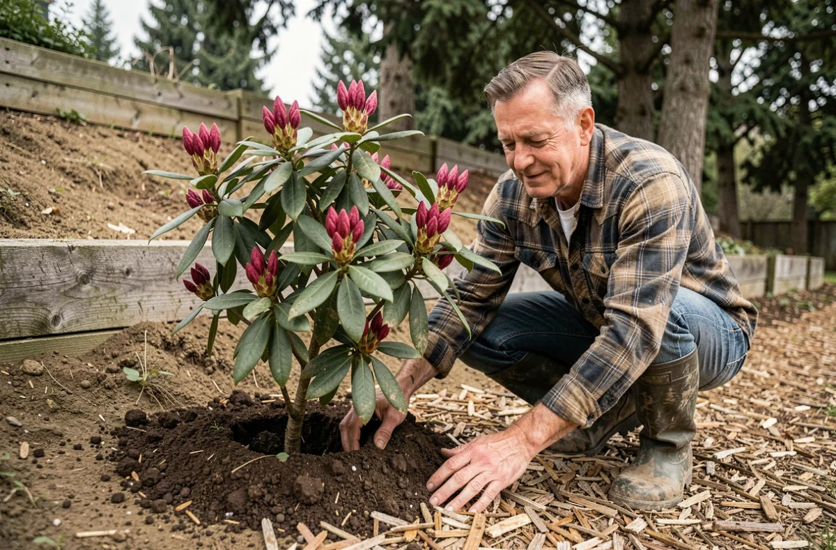 Jardinier expérimenté paillant la base d'un rhododendron nouvellement planté en jardin en pente