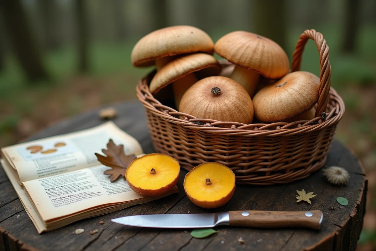 Panier de cueillette avec bolets à chair jaune et espèces similaires posés sur une table en bois, guide d'identification mycologique