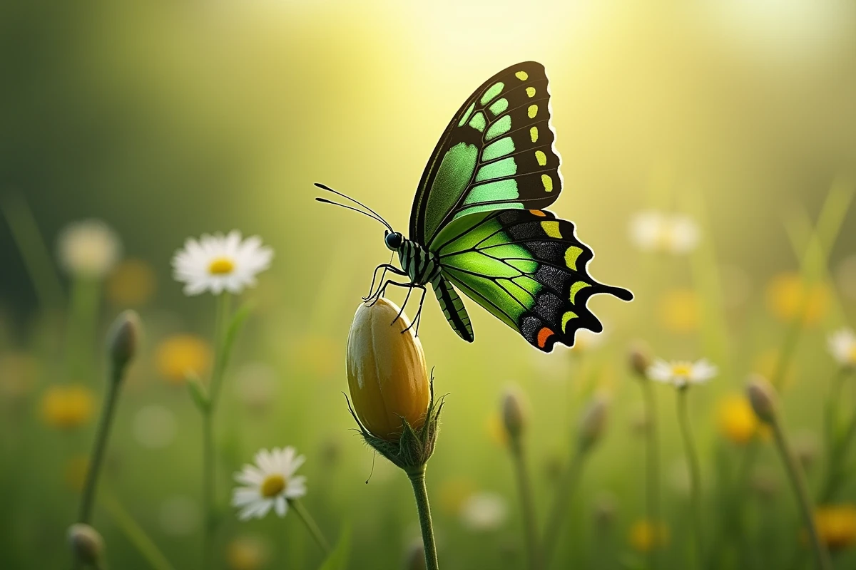 Papillon vert posé sur sa chrysalide dans un champ ensoleille