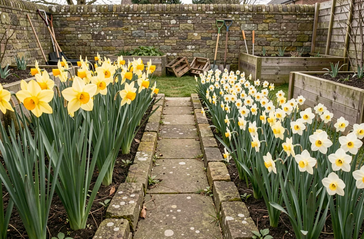 Parterre de jardin au printemps montrant deux zones distinctes plantées de jonquilles à grandes trompettes et de narcisses multiflores séparés par un chemin en pierre