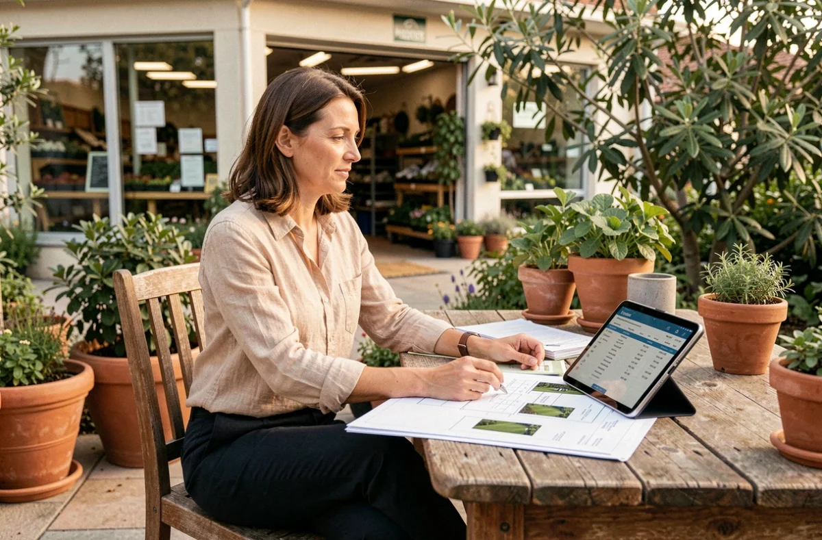 Paysagiste femme à son compte consultant des plans de jardinage et des devis sur sa terrasse professionnelle