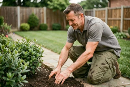 Paysagiste indépendant en train de planter des arbustes dans un jardin résidentiel, illustrant le métier de paysagiste à son compte