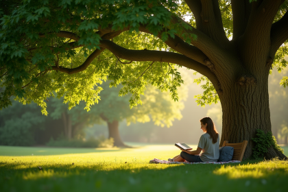Personne paisible sous un arbre dans un parc vert avec livre