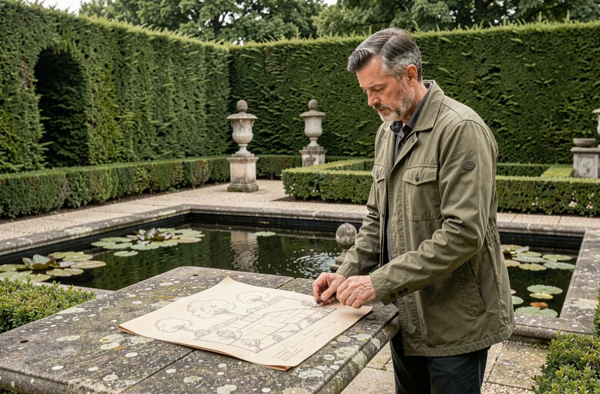 Philippe Bouncer, jardinier paysagiste, examinant des plans de jardin au bord d'un bassin ornemental parisien