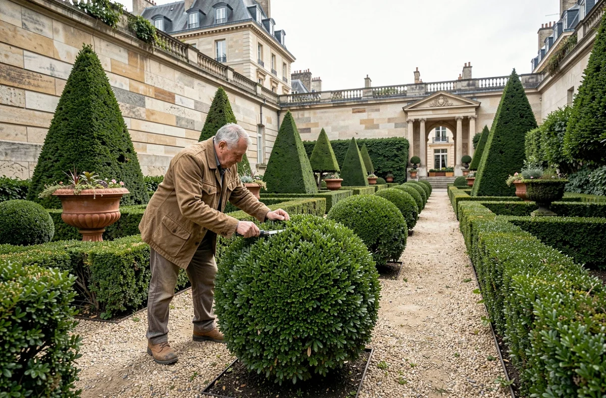 Philippe Carraud taillant des topiaires géométriques dans un jardin privé parisien de style classique