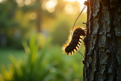 Piège à processionnaires attaché à un pin en jardin ensoleille