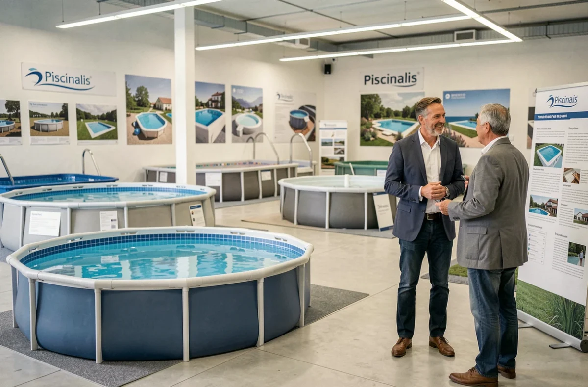 Intérieur du showroom Piscinalis avec des modèles de piscines exposés et un conseiller aidant des clients