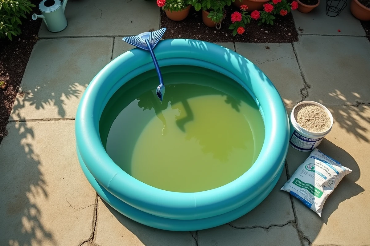 Vue aérienne d'une petite piscine gonflable avec eau verte et produit chlore choc en premier plan