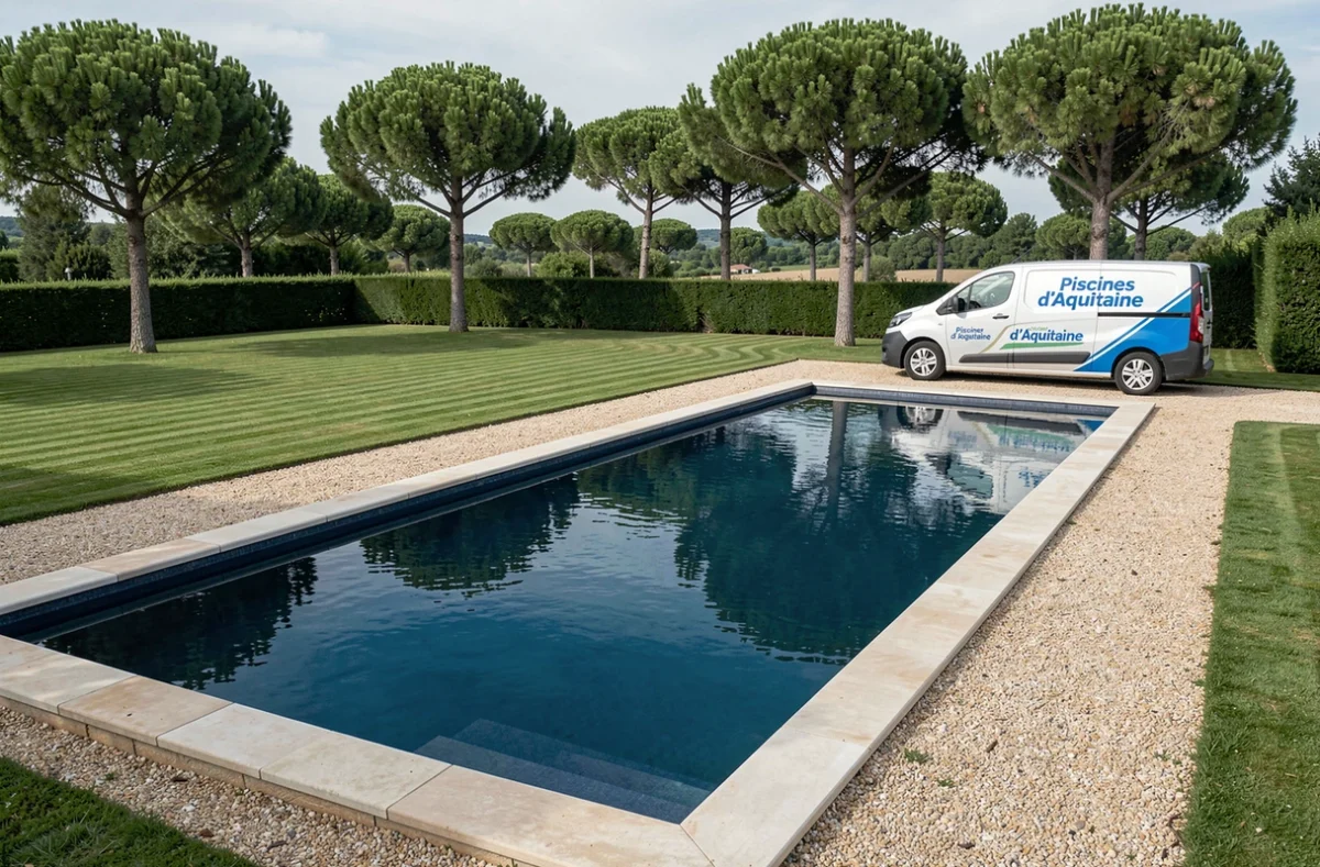 Piscine achevée avec le van de Piscines d'Aquitaine garé à proximité dans un jardin bordelais