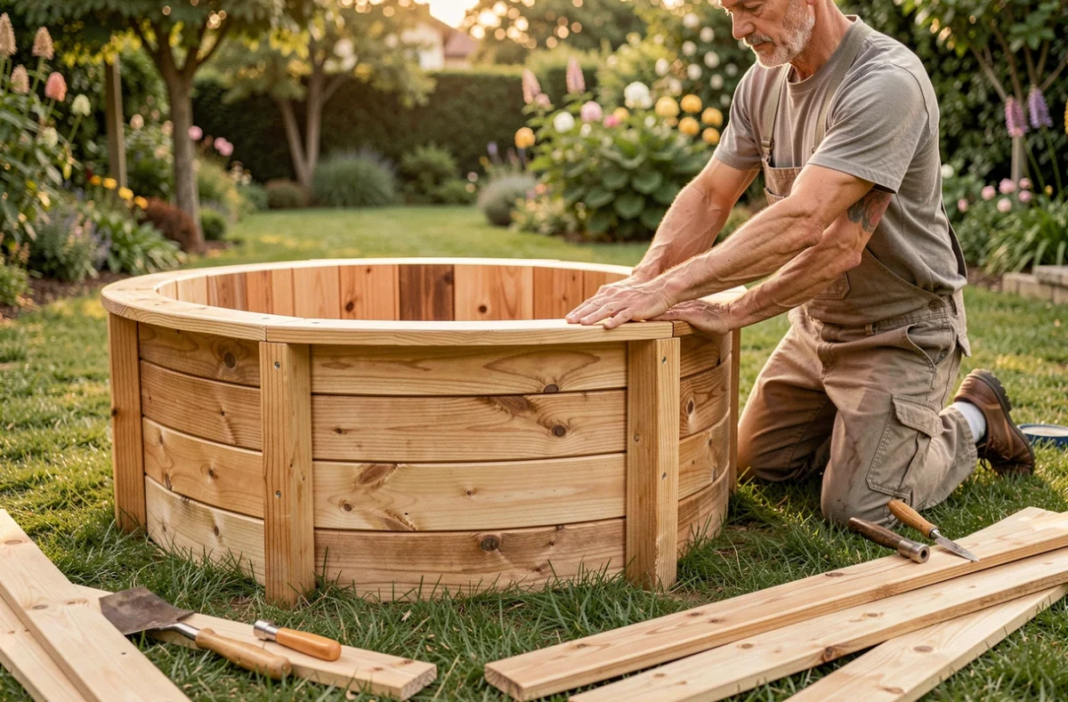Artisan de Piscines O Bois assemblant les panneaux en bois d'une piscine hors-sol naturelle dans un jardin familial