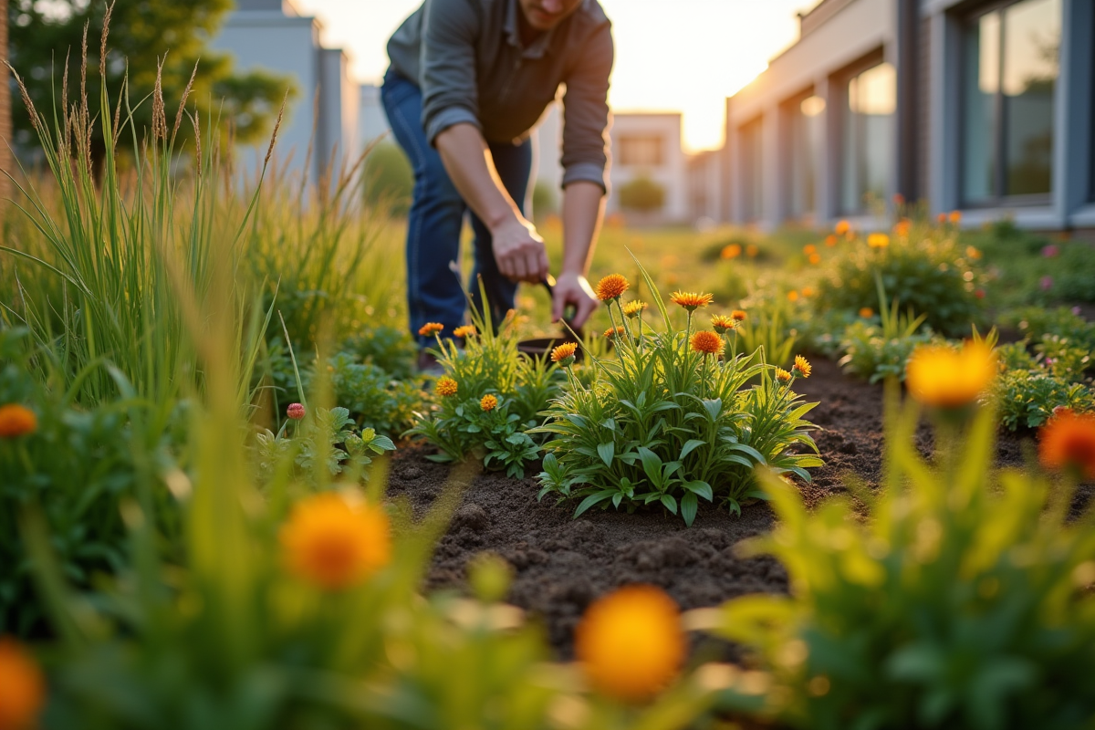 Personne plantant fleurs sauvages sur un toit résidentiel