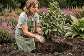 Femme plantant un rhododendron en pleine terre dans un jardin avec sol acide et tourbeux