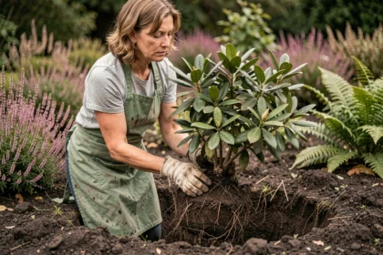 Femme plantant un rhododendron en pleine terre dans un jardin avec sol acide et tourbeux