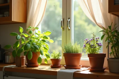 Plantes répulsives contre les mouches disposées sur un rebord de fenêtre de cuisine à l'intérieur, avec lavande, basilic et romarin en pots