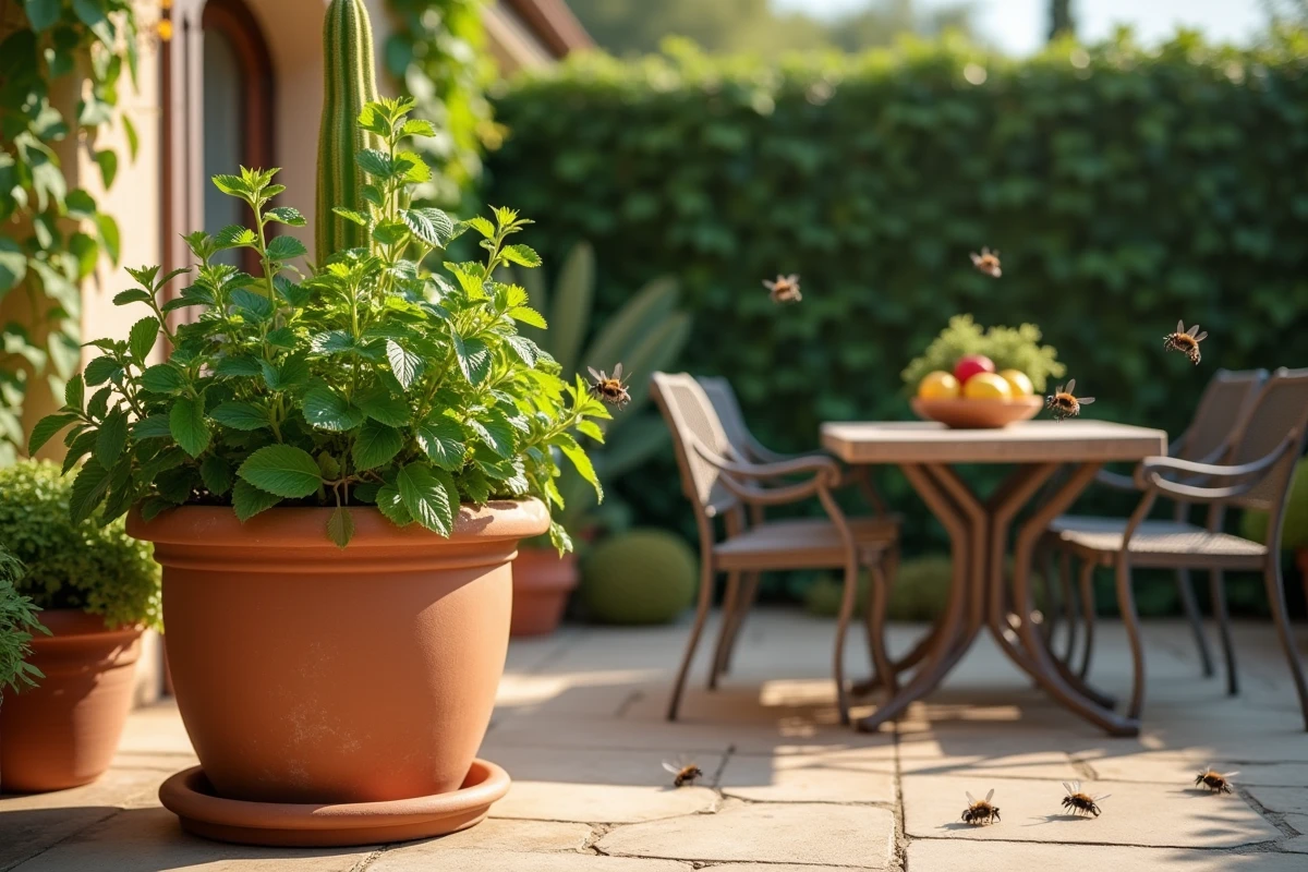 Plantes répulsives naturelles contre les mouches en pot sur une terrasse extérieure méditerranéenne avec menthe, mélisse et eucalyptus