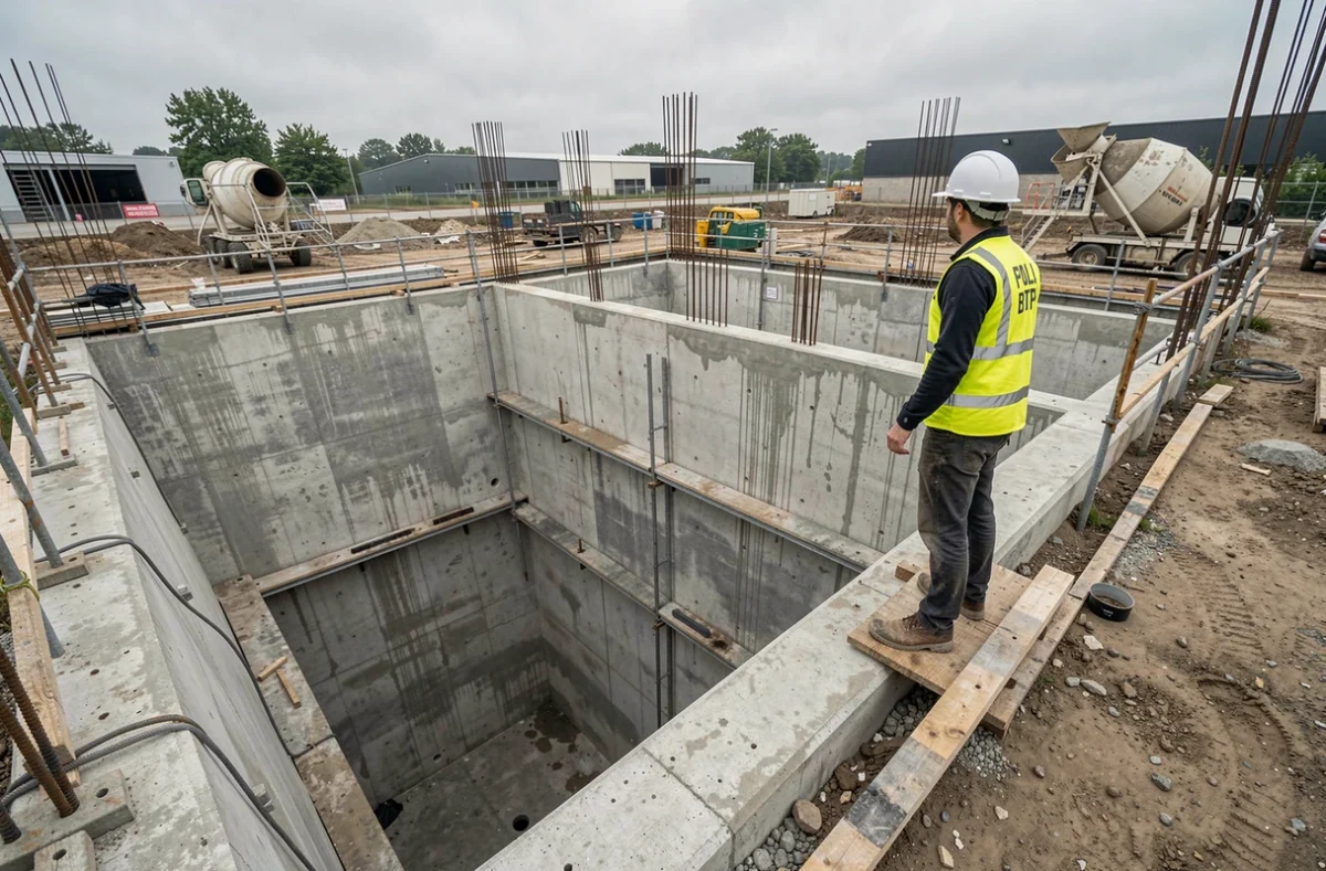 Chef de chantier POLI BTP supervisant la construction d'un bassin en béton de grande taille sur un chantier commercial