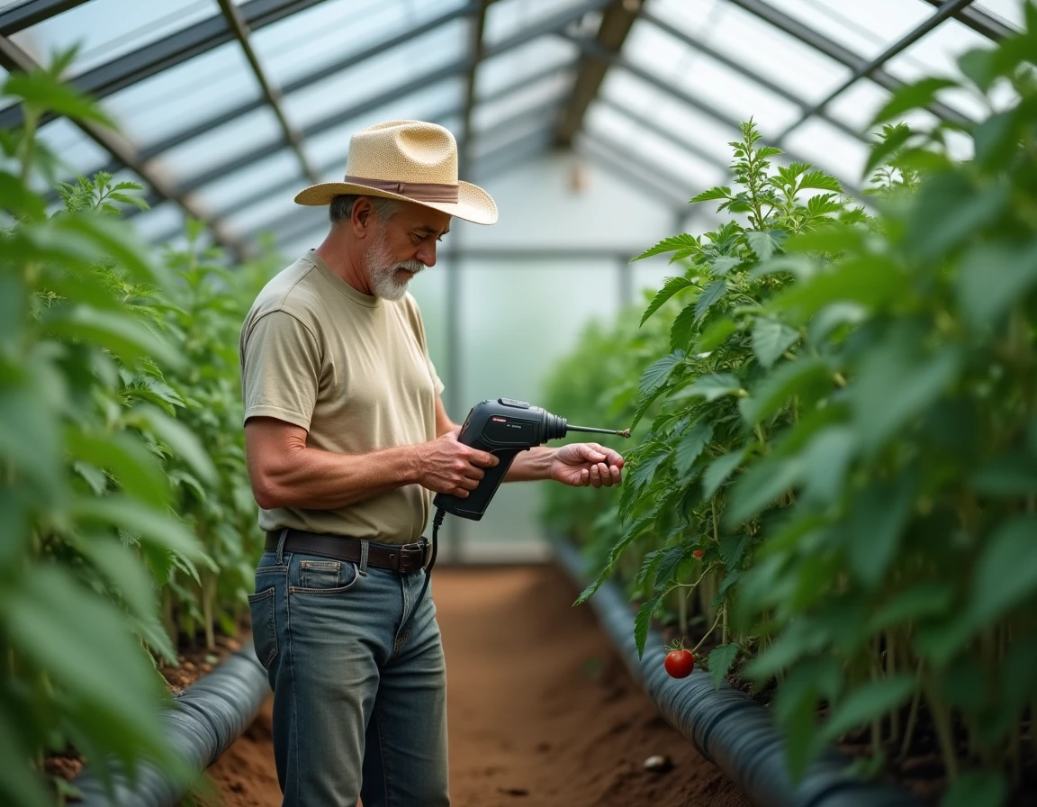 Jardinier utilisant un pollinisateur électrique sur des tomates en serre pendant une vague de chaleur