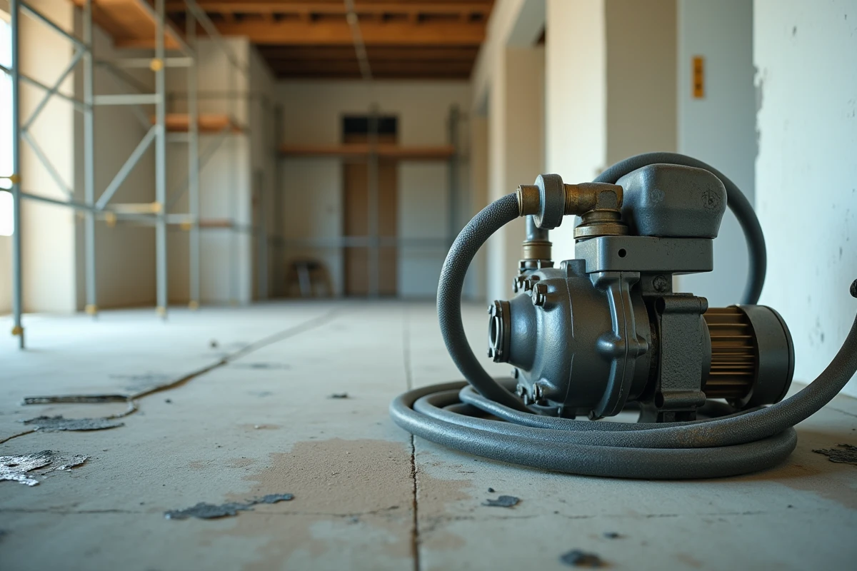 Pompe airless professionnelle sur chantier avec tuyau haute pression et traces de peinture sur sol béton